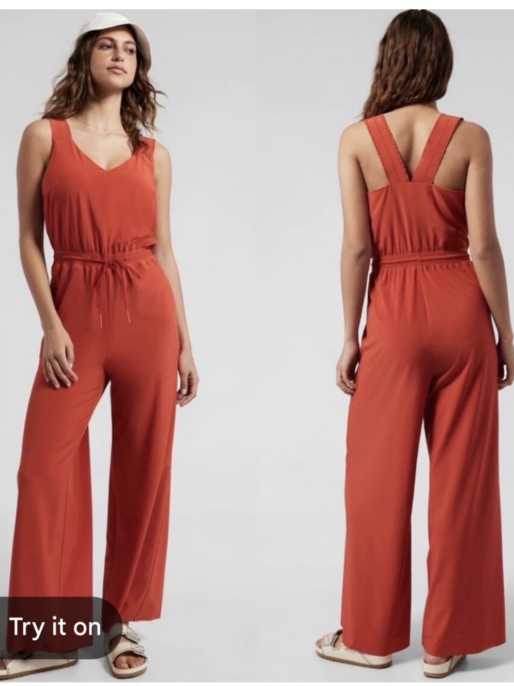 Athleta Savannah Sleeveless V-Neck Wide-Leg Jumpsuit in Burnt Orange - Picture 2 of 7